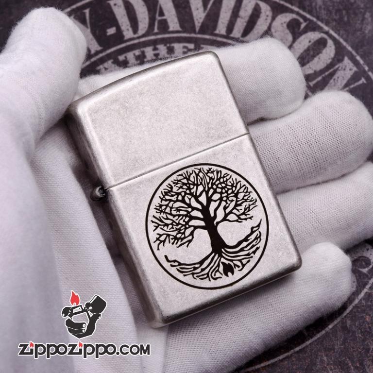 Zippo Mạ bạc cổ khắc hình Cây Của Cuộc Đời