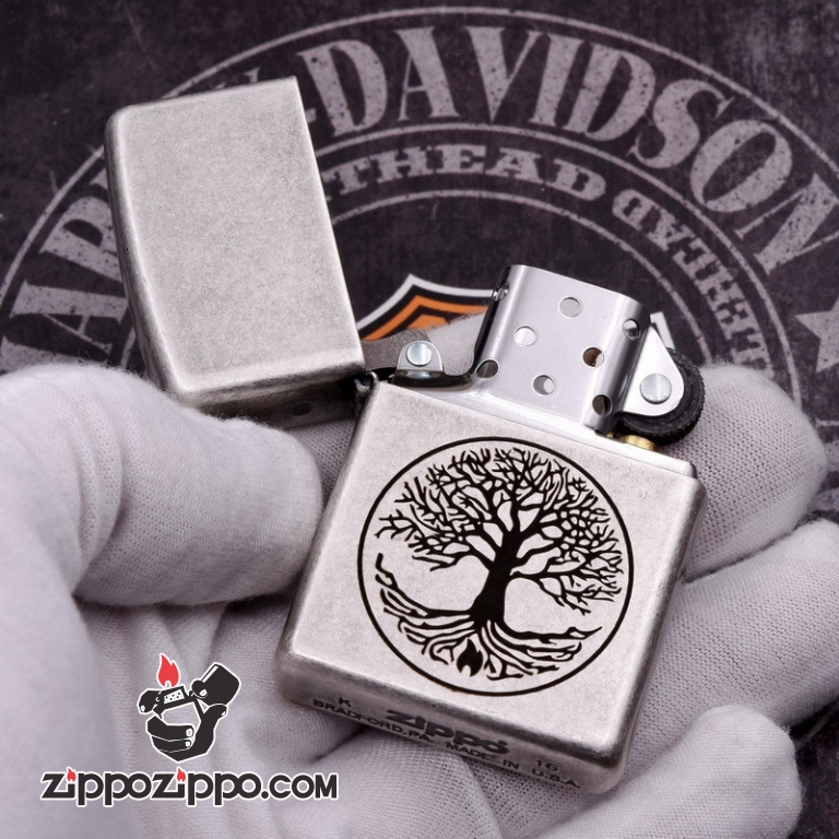 Zippo Mạ bạc cổ khắc hình Cây Của Cuộc Đời