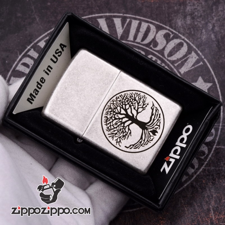 Zippo Mạ bạc cổ khắc hình Cây Của Cuộc Đời