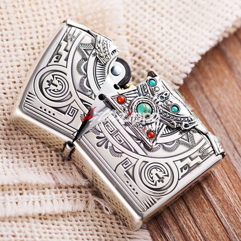 Bật lửa Zippo chính hãng Bạc nguyên khối đính Ngọc