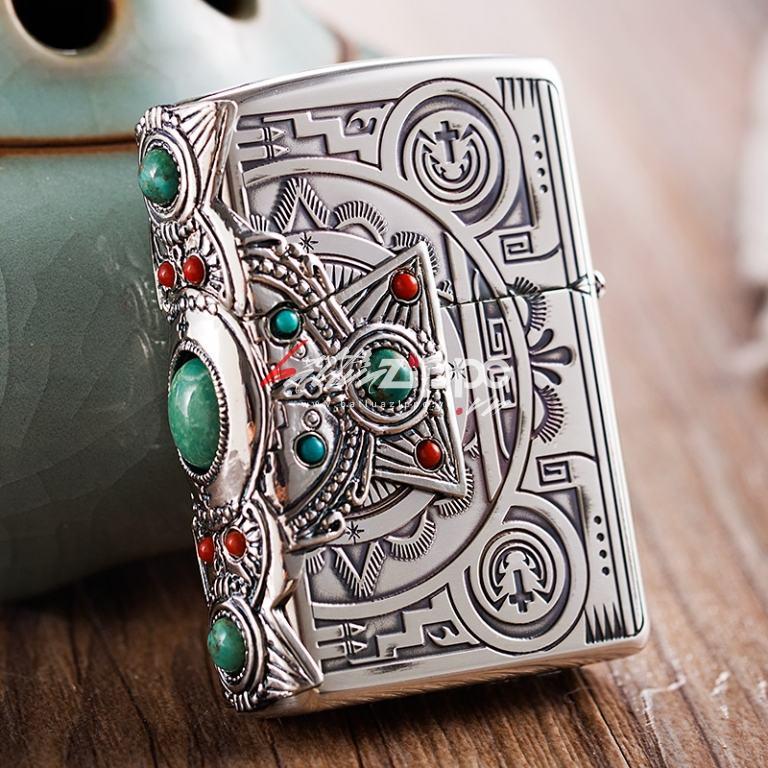 Bật lửa Zippo chính hãng Bạc nguyên khối đính Ngọc