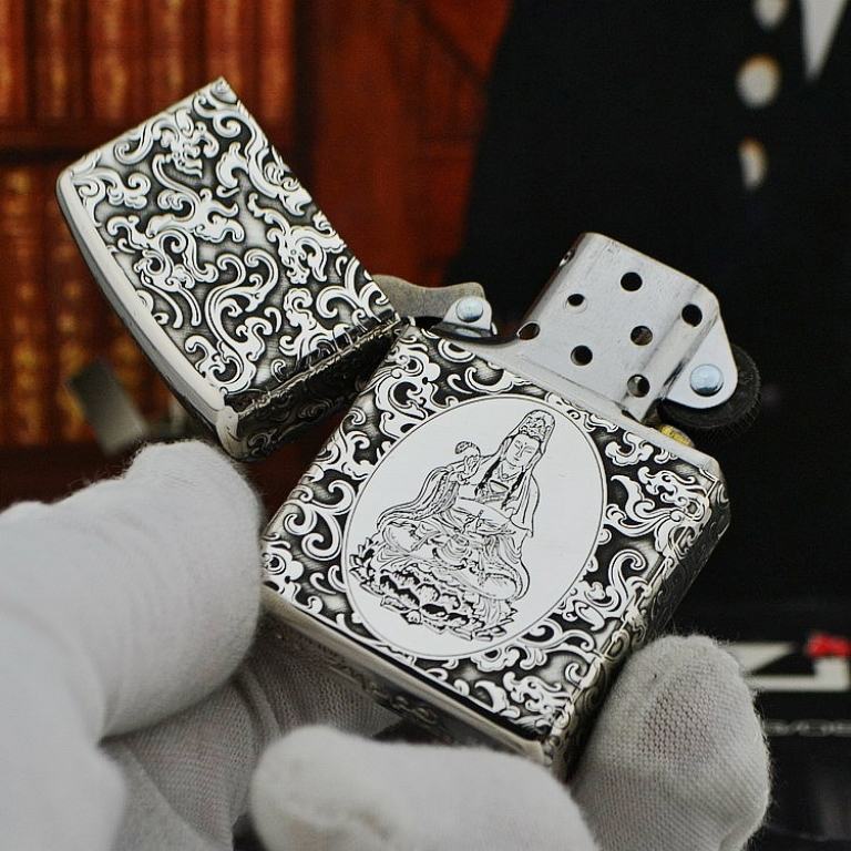 Bật lửa Zippo Bạc nguyên khối khắc Quan Thế Âm Bồ Tát