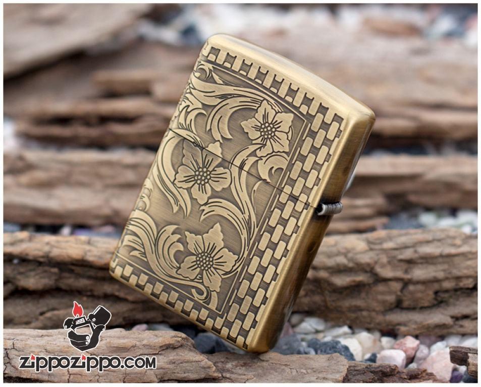 Bật lửa Zippo đồng khắc hoa ban dầu hai mặt