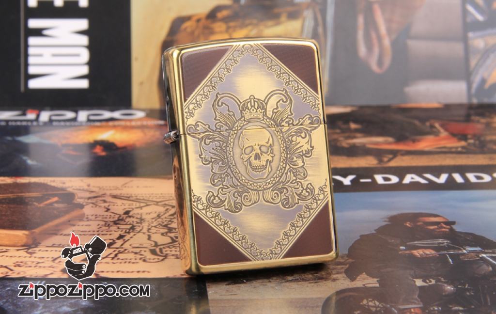 Zippo Chính Hãng Đồng Khắc Đầu Lâu Hoa Văn