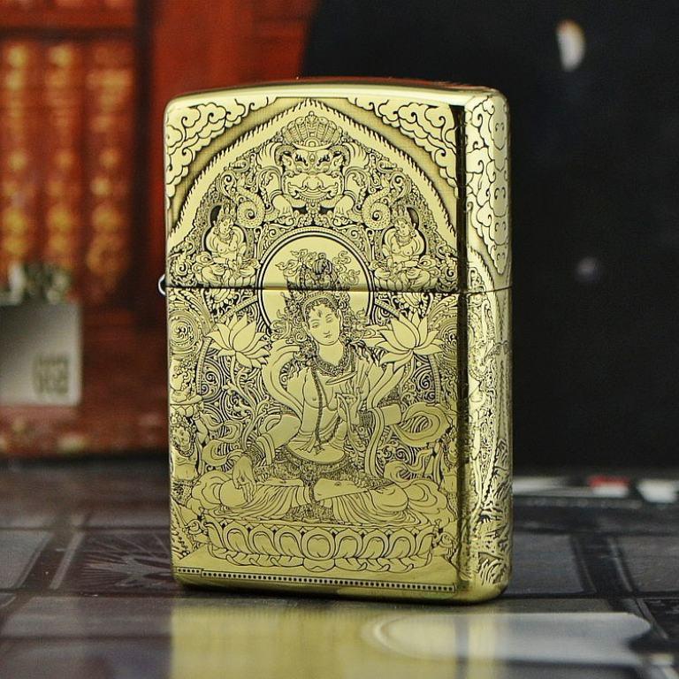 Zippo Chính Hãng Đồng Khắc Đức Phật Ngồi Trên Đài Sen Hoa Văn Tinh Tế Vỏ Dày