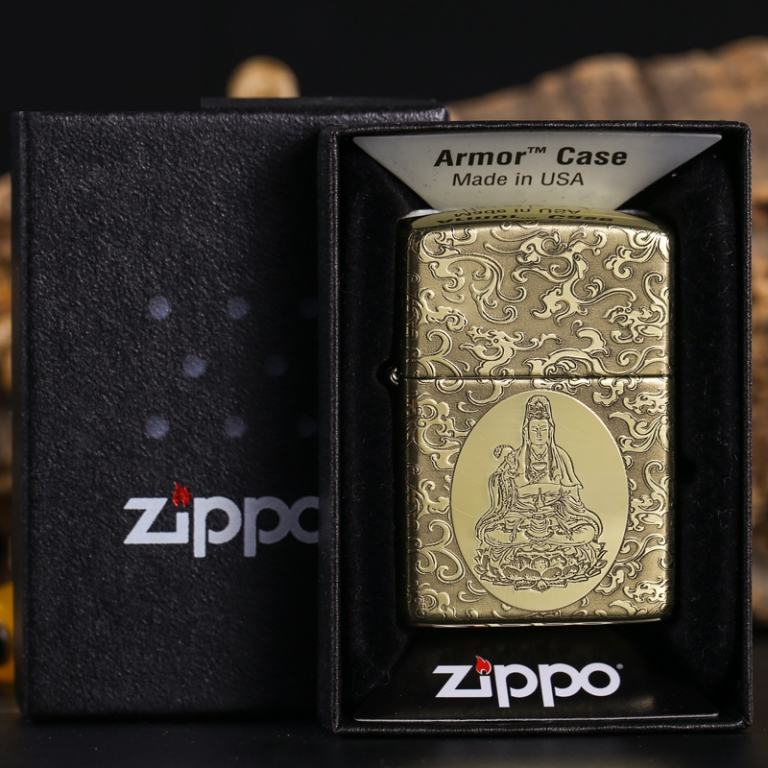 Bật lửa Zippo đồng khắc quan âm có mây bao quanh