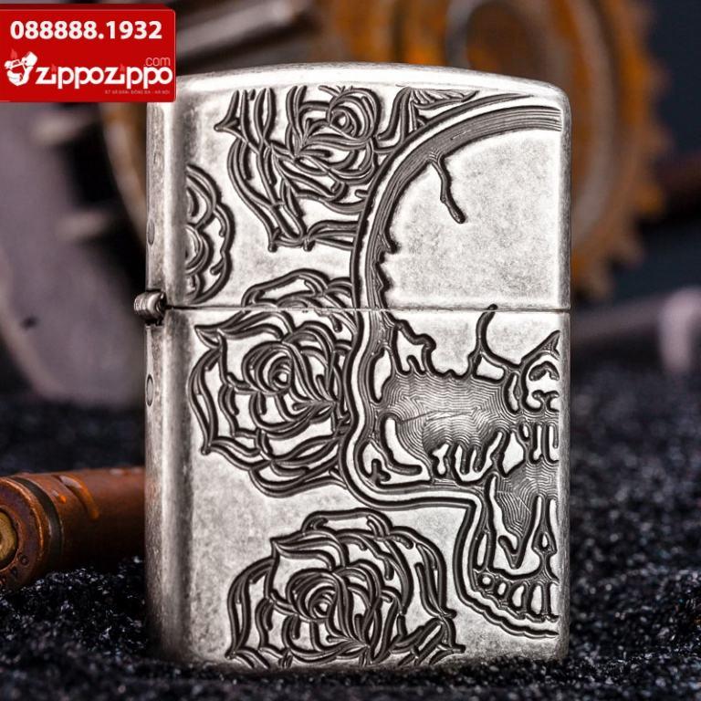 Zippo Chính Hãng Bạc Cổ Khắc Nửa Mặt Đầu Lâu Vỏ Dày