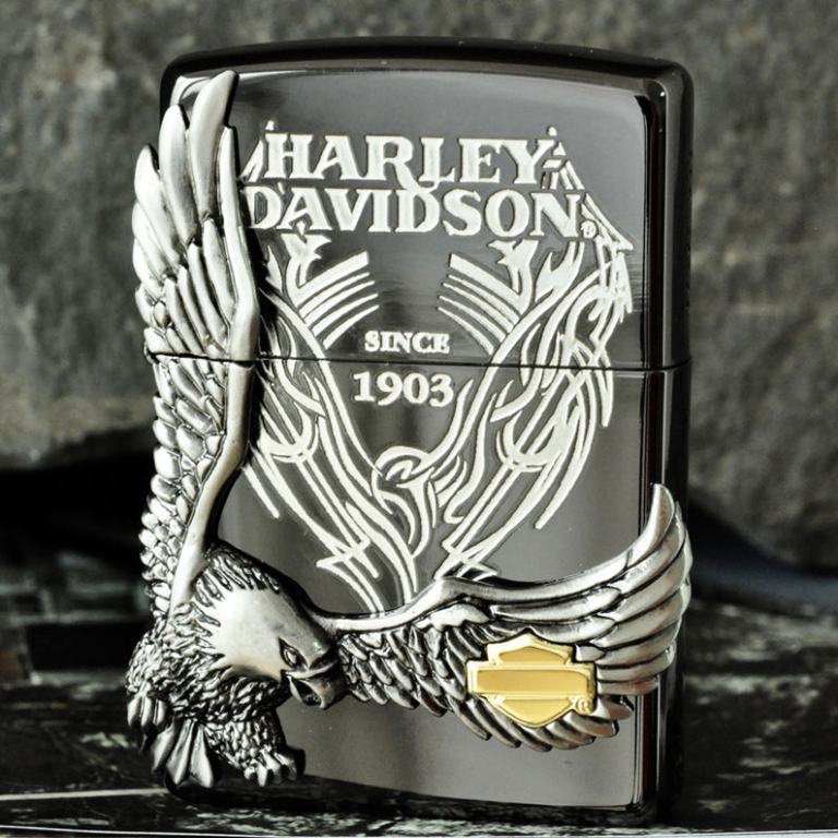 Zippo Chính Hãng Màu Xám Phiên Bản Harley Davidson Chim Ưng Nổi HD 18