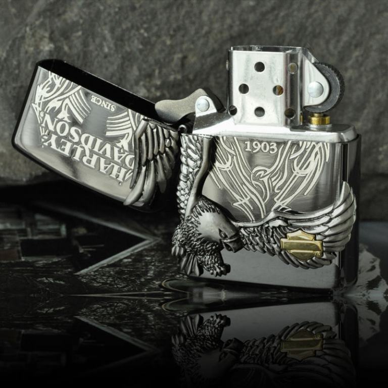 Zippo Chính Hãng Màu Xám Phiên Bản Harley Davidson Chim Ưng Nổi HD 18