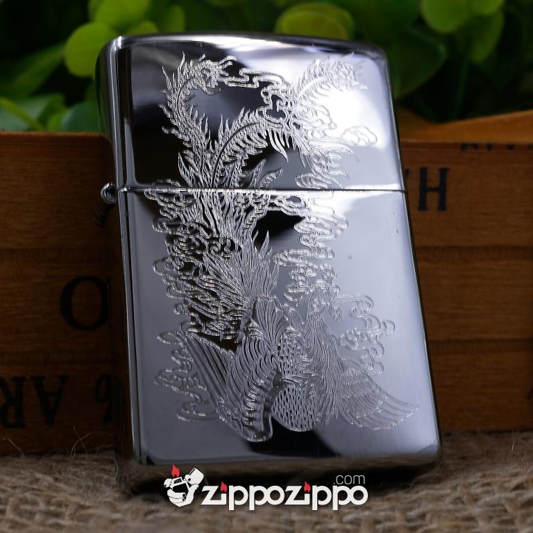 bật lửa zippo mầu bạc khắc chim Phượng hoàng