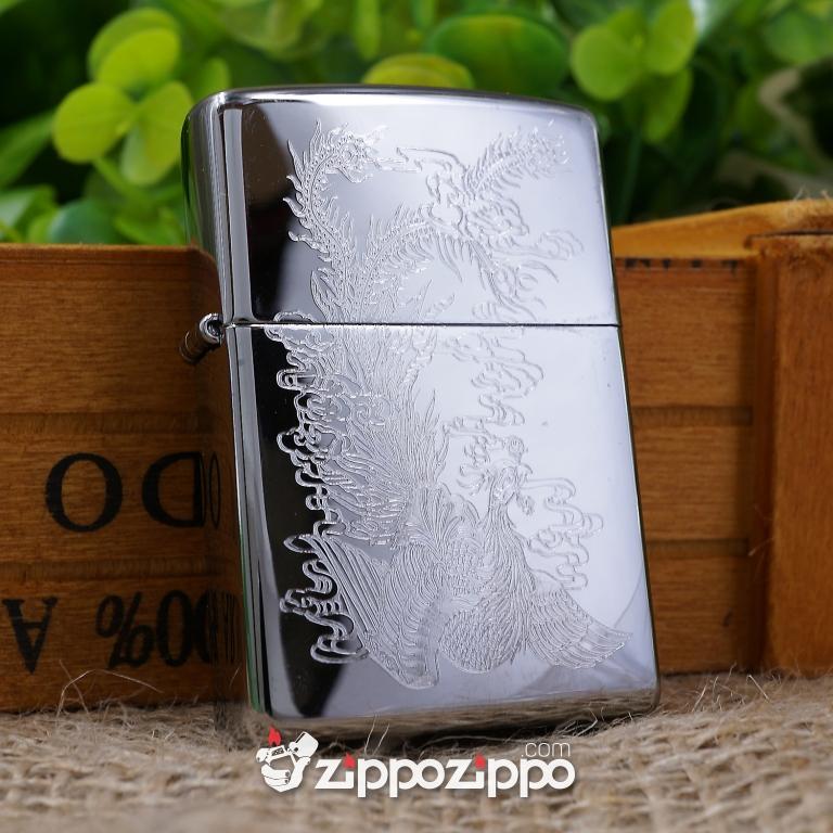 bật lửa zippo mầu bạc khắc chim Phượng hoàng