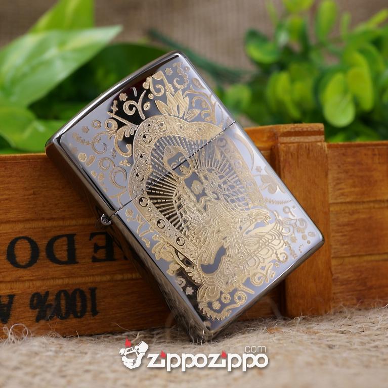 Zippo Màu Đen Bóng Khắc Phật Mạ Vàng