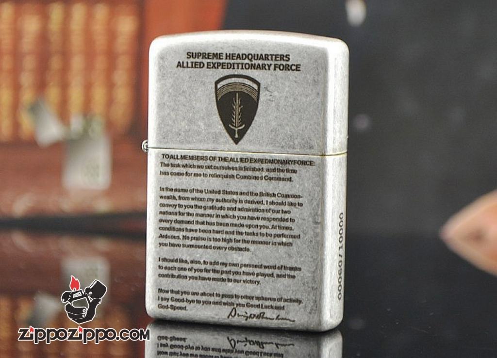 Bật Lử Zippo Màu Bạc Cổ Khắc Phù Hiệu SHAEF