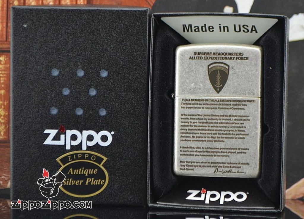 Bật Lử Zippo Màu Bạc Cổ Khắc Phù Hiệu SHAEF