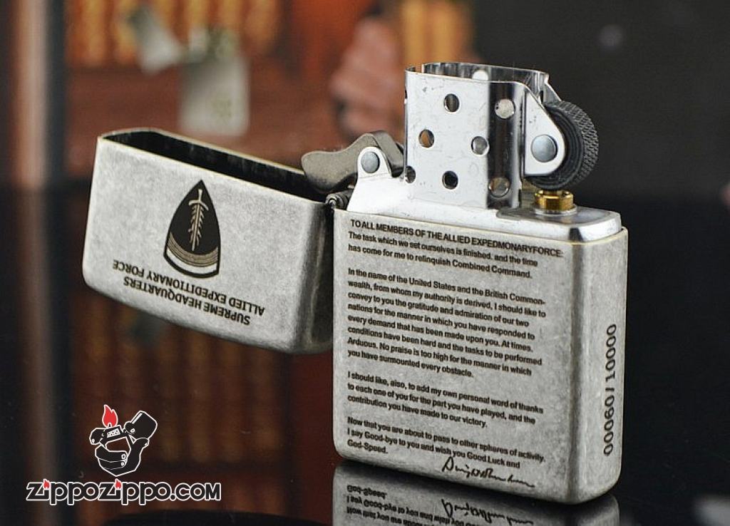 Bật Lử Zippo Màu Bạc Cổ Khắc Phù Hiệu SHAEF