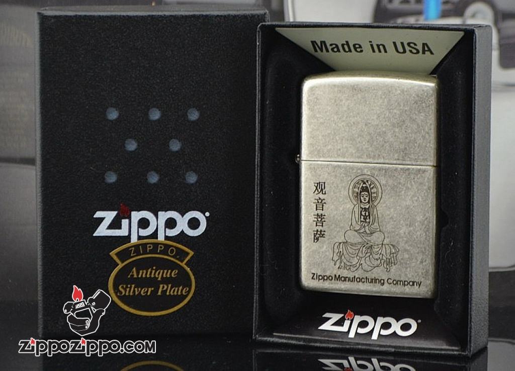 Bật lửa Zippo Bạc cổ khắc Phật Bà Quan Âm