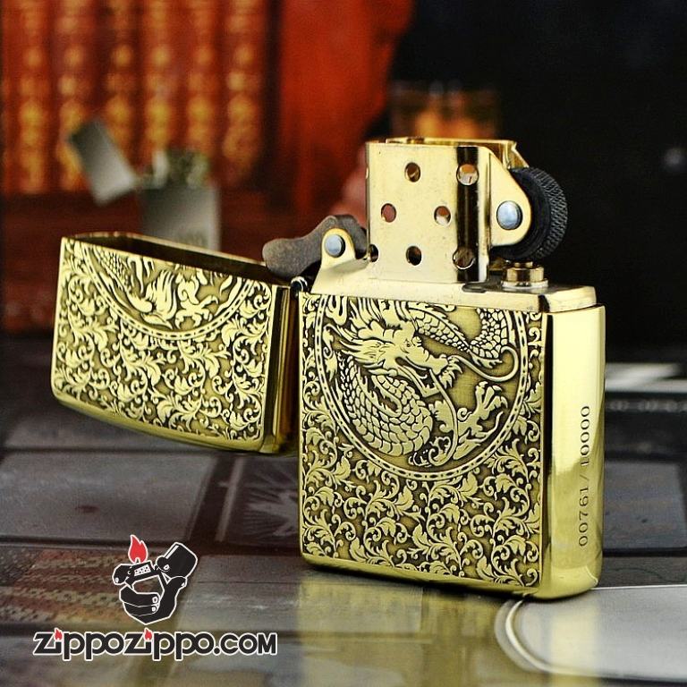 Bật lửa zippo đồng bóng khắc rồng phượng