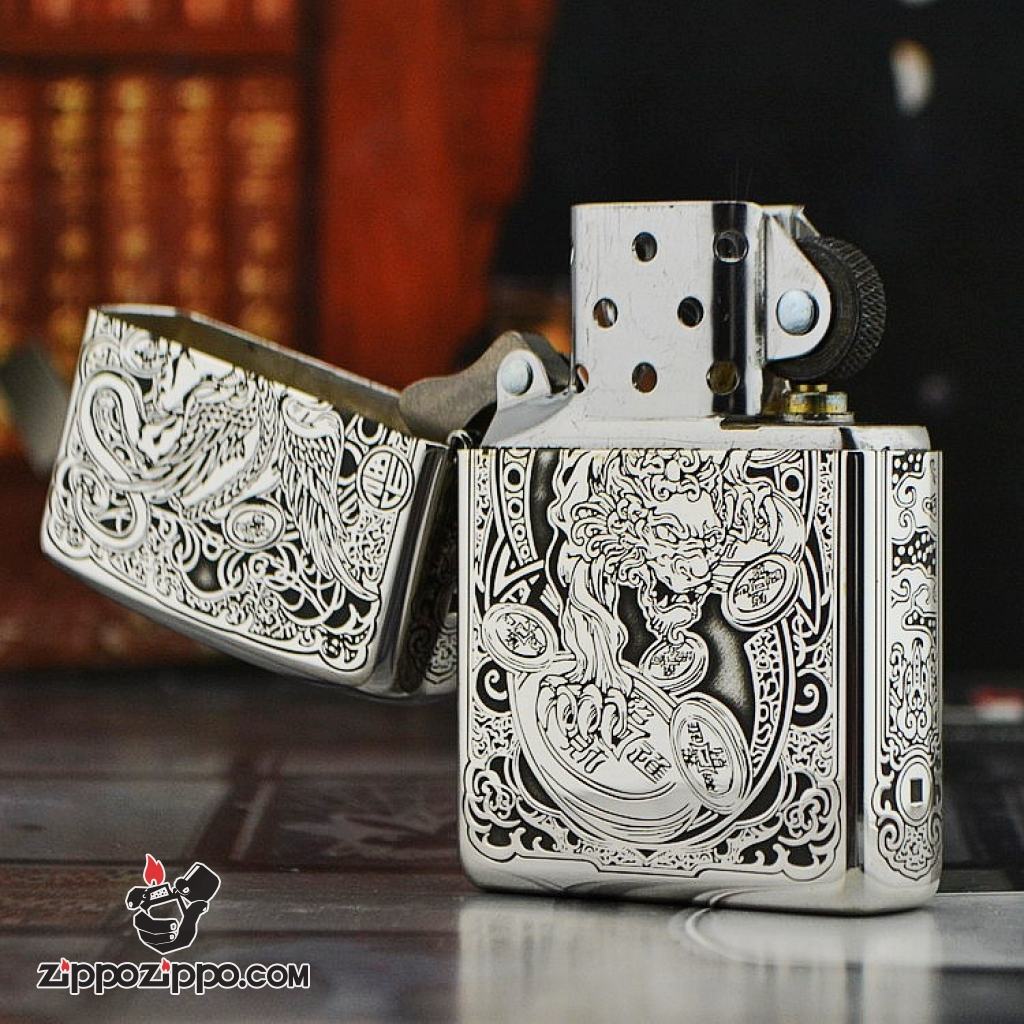 Bật lửa Zippo phiên bản Armor Bạc nguyên khối khắc Tỳ Hưu