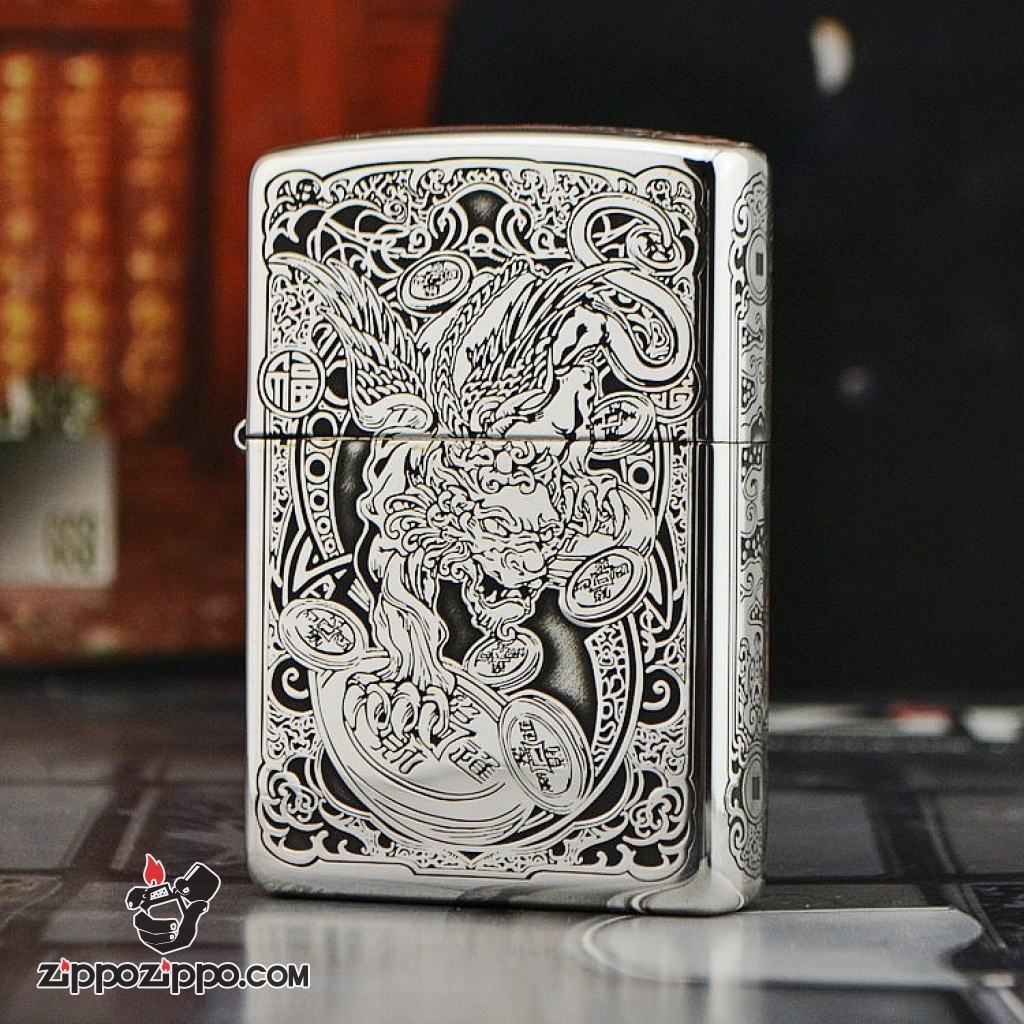 Bật lửa Zippo phiên bản Armor Bạc nguyên khối khắc Tỳ Hưu