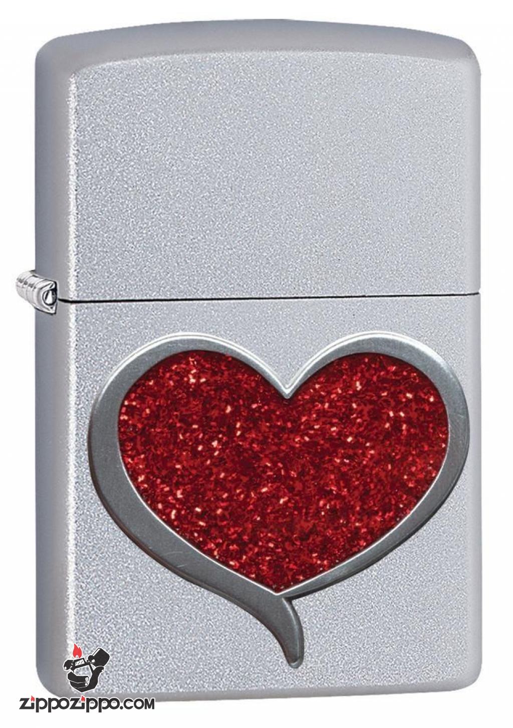 Zippo satin ốp nổi men đỏ hình trái tim