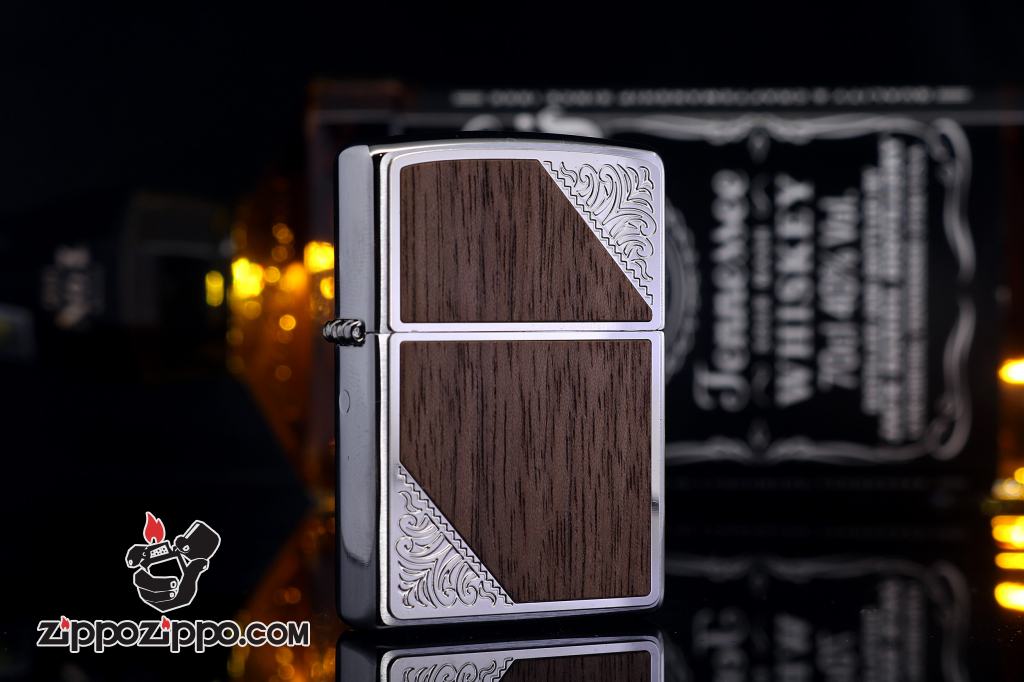 Bật lửa Zippo chính hãng Màu Bạc Ốp Gỗ khắc hoa văn hai góc