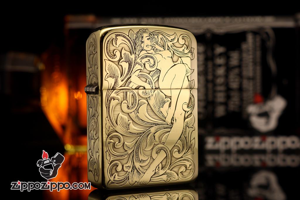 Zippo Chính Hãng Đồng Tái Bản 1941 Khấc Cô Gái Trên Hoa Văn Arabesque