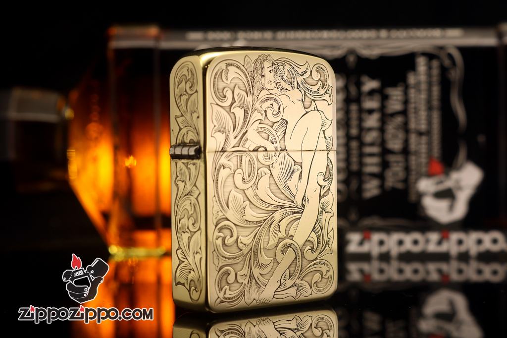 Zippo Chính Hãng Đồng Tái Bản 1941 Khấc Cô Gái Trên Hoa Văn Arabesque