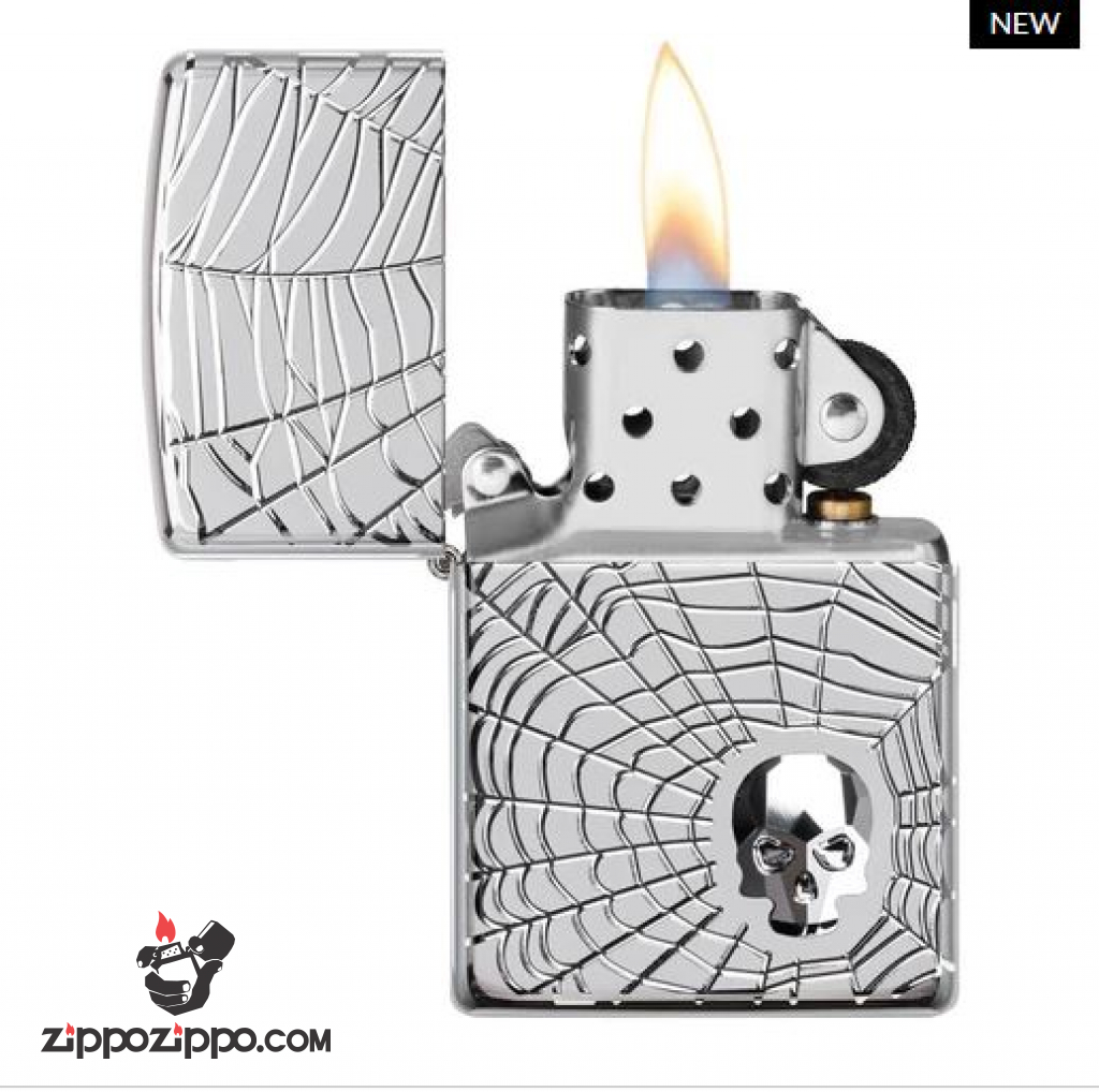 Zippo Armor khắc đa chiều hình ảnh mạng nhện đính kèm viên pha lê Swarovski SKULL