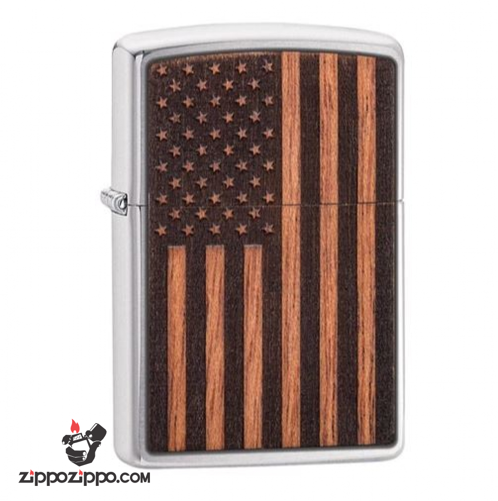 Zippo khắc Laser hình cờ Mỹ trên miếng ốp gỗ