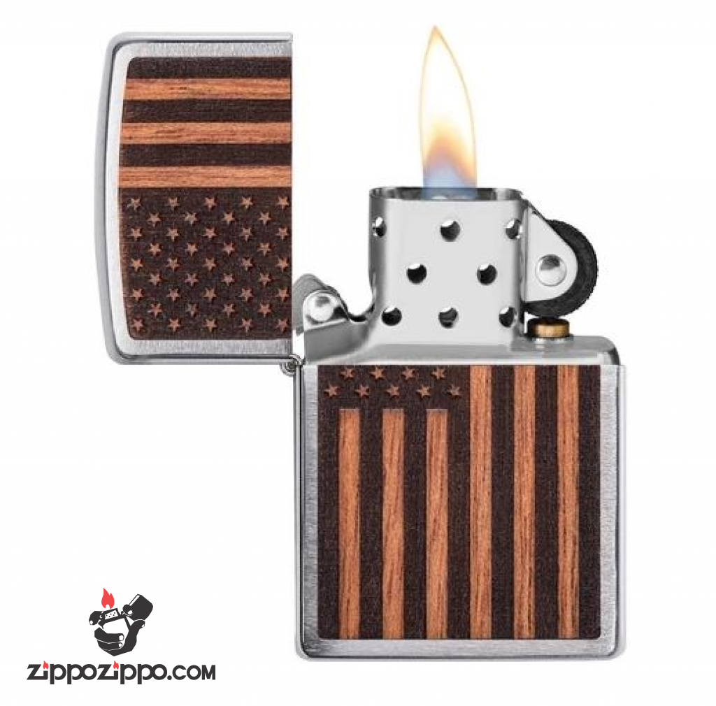 Zippo khắc Laser hình cờ Mỹ trên miếng ốp gỗ