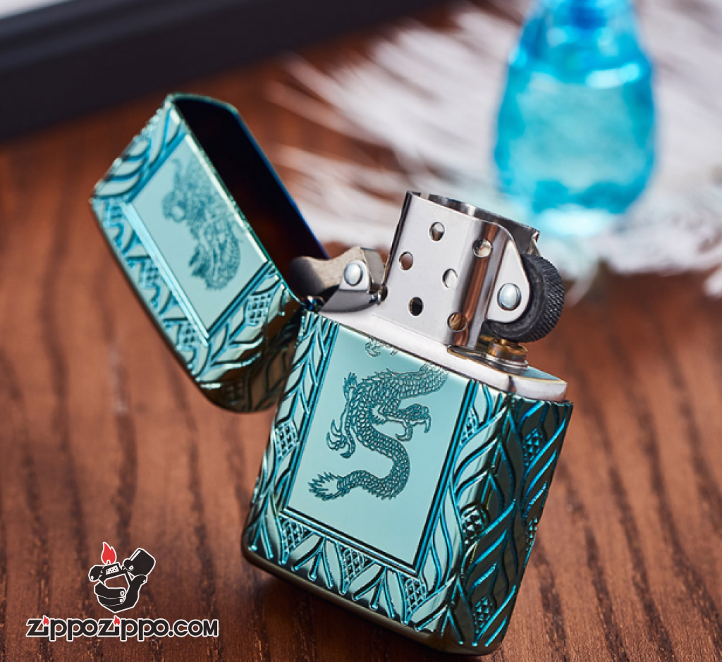 Zippo Armor màu xanh lá cây khắc sâu  MultiCut 360 hoa văn và Rồng chính giữa