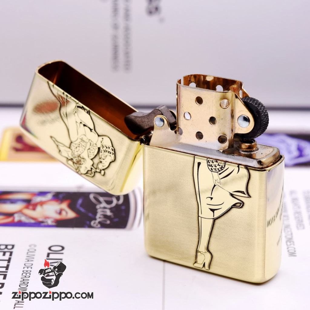 Bật lửa Zippo chính hãng chrome khắc cô gái châm thuốc biêu tượng zippo bản armor