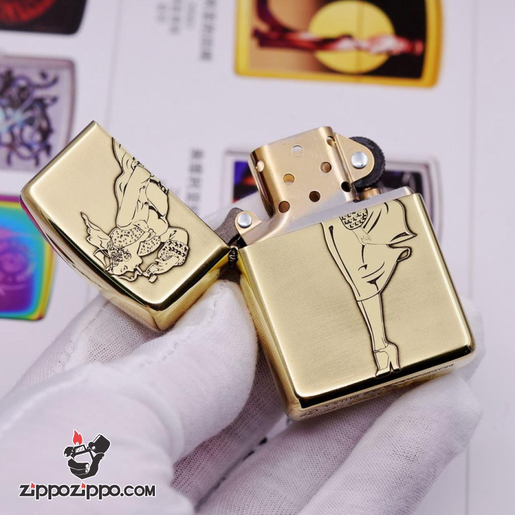 Bật lửa Zippo chính hãng chrome khắc cô gái châm thuốc biêu tượng zippo bản armor