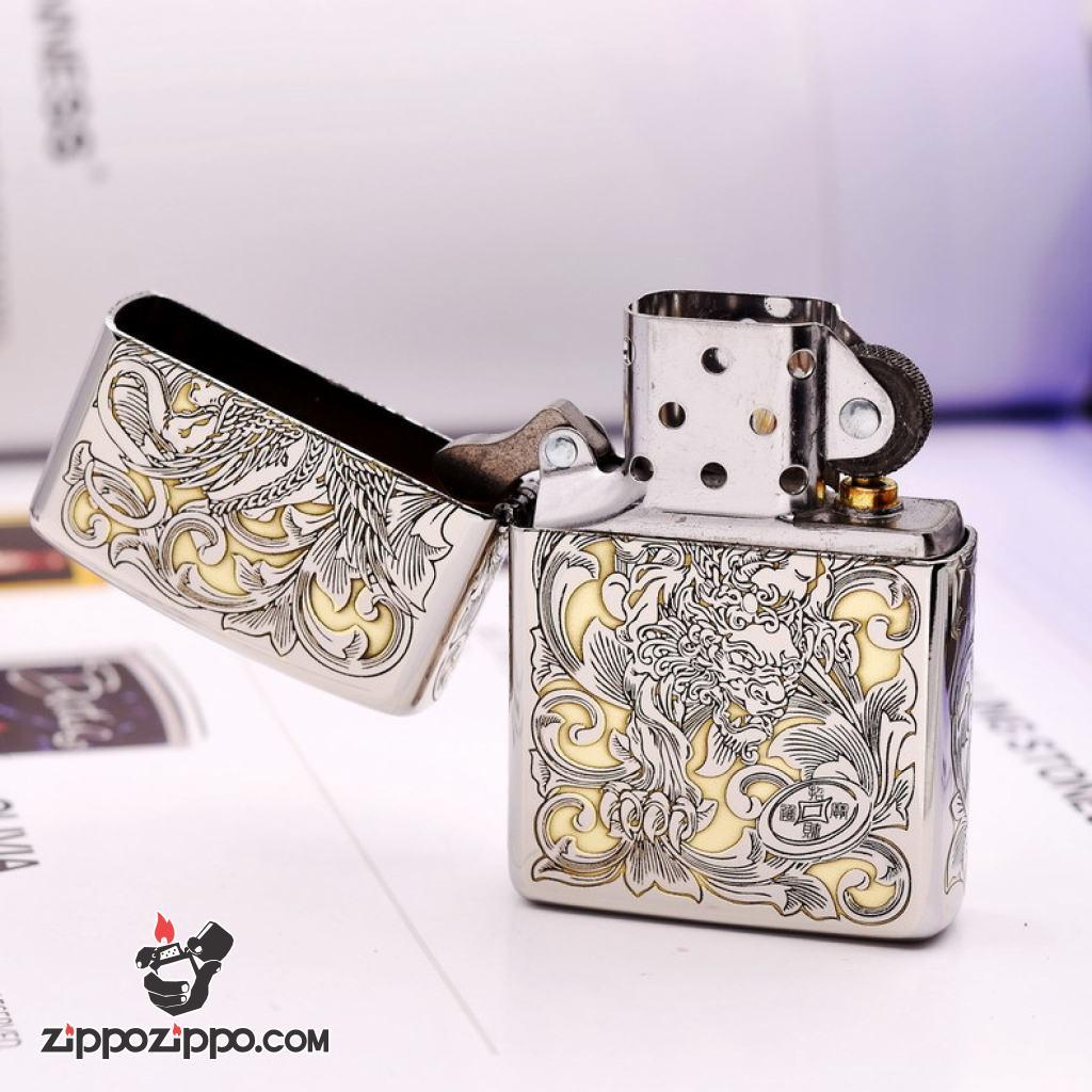 Bật lửa Zippo chính khắc hình kỳ lân phiên bản chrome