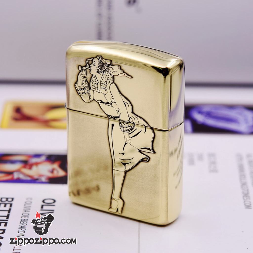 Bật lửa Zippo chính hãng đồng khối khắc cô gái châm thuốc biêu tượng zippo bản amor