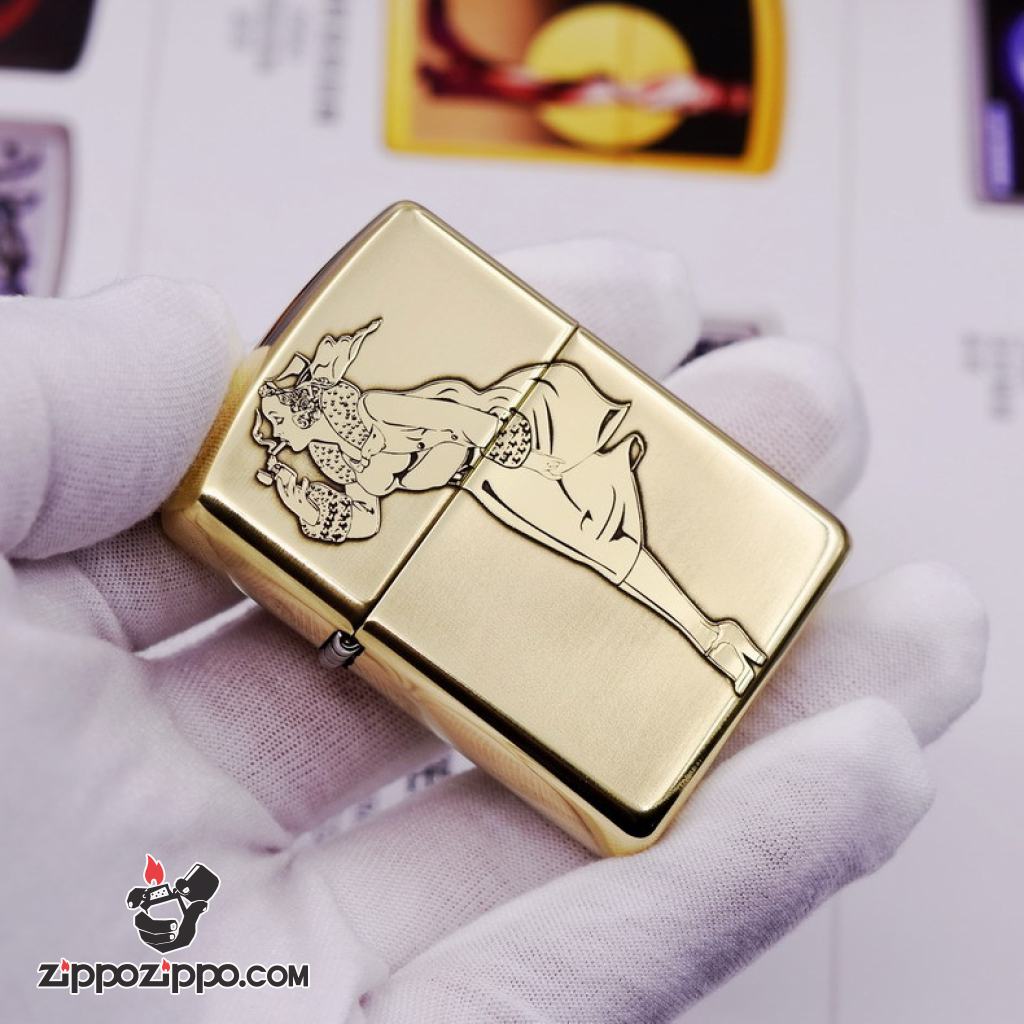 Bật lửa Zippo chính hãng đồng khối khắc cô gái châm thuốc biêu tượng zippo bản amor