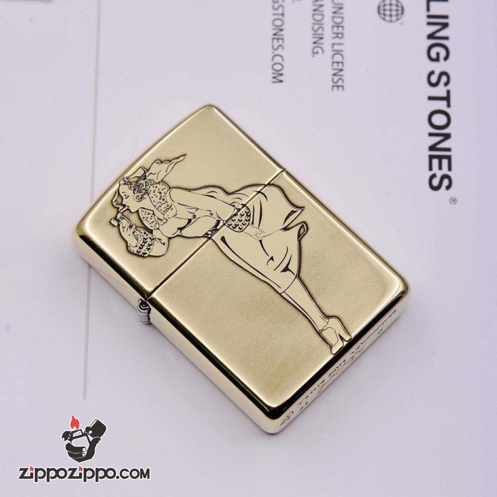 Bật lửa Zippo chính hãng đồng khối khắc cô gái châm thuốc biêu tượng zippo bản amor