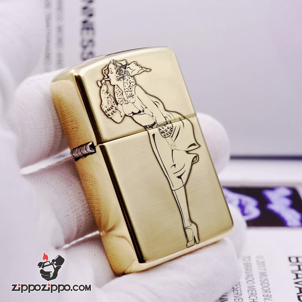 Bật lửa Zippo chính hãng đồng khối khắc cô gái châm thuốc biêu tượng zippo bản amor