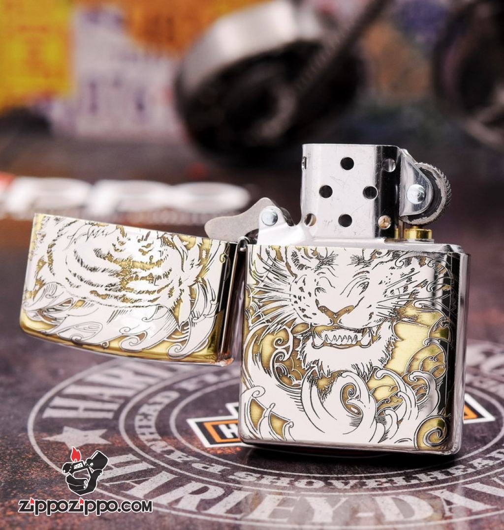 Bật lửa Zippo đồng khối khắc Hổ và móng vuốt Bản Chrome
