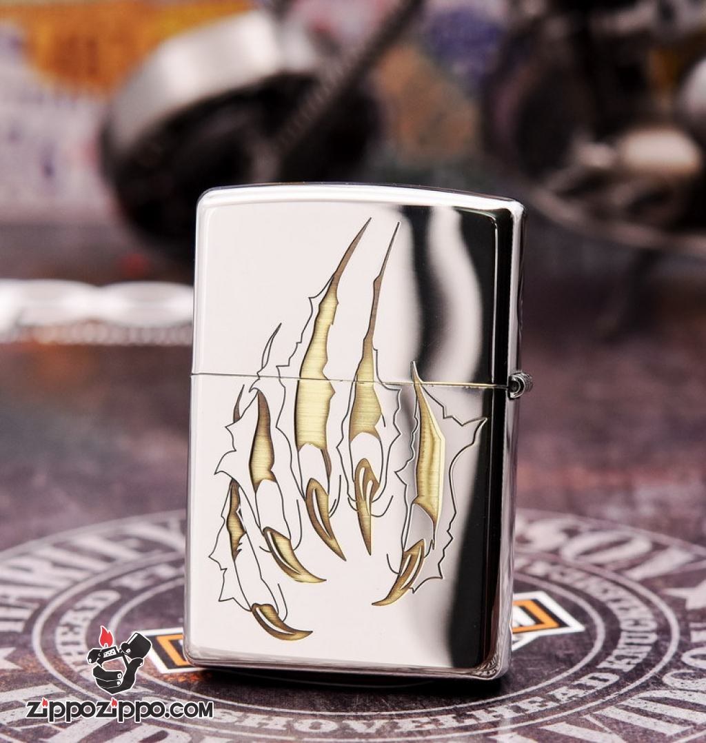 Bật lửa Zippo đồng khối khắc Hổ và móng vuốt Bản Chrome