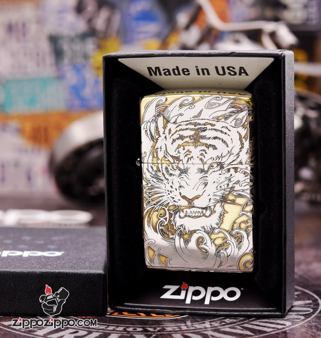 Bật lửa Zippo đồng khối khắc Hổ và móng vuốt Bản Chrome