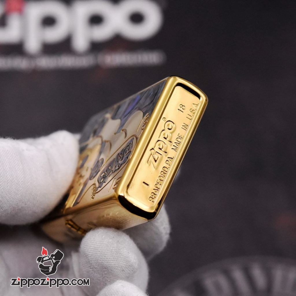 Bật Lửa Zippo Khắc Hình Chú Mèo Thần Tài May Mắn Khảm Trai vàng