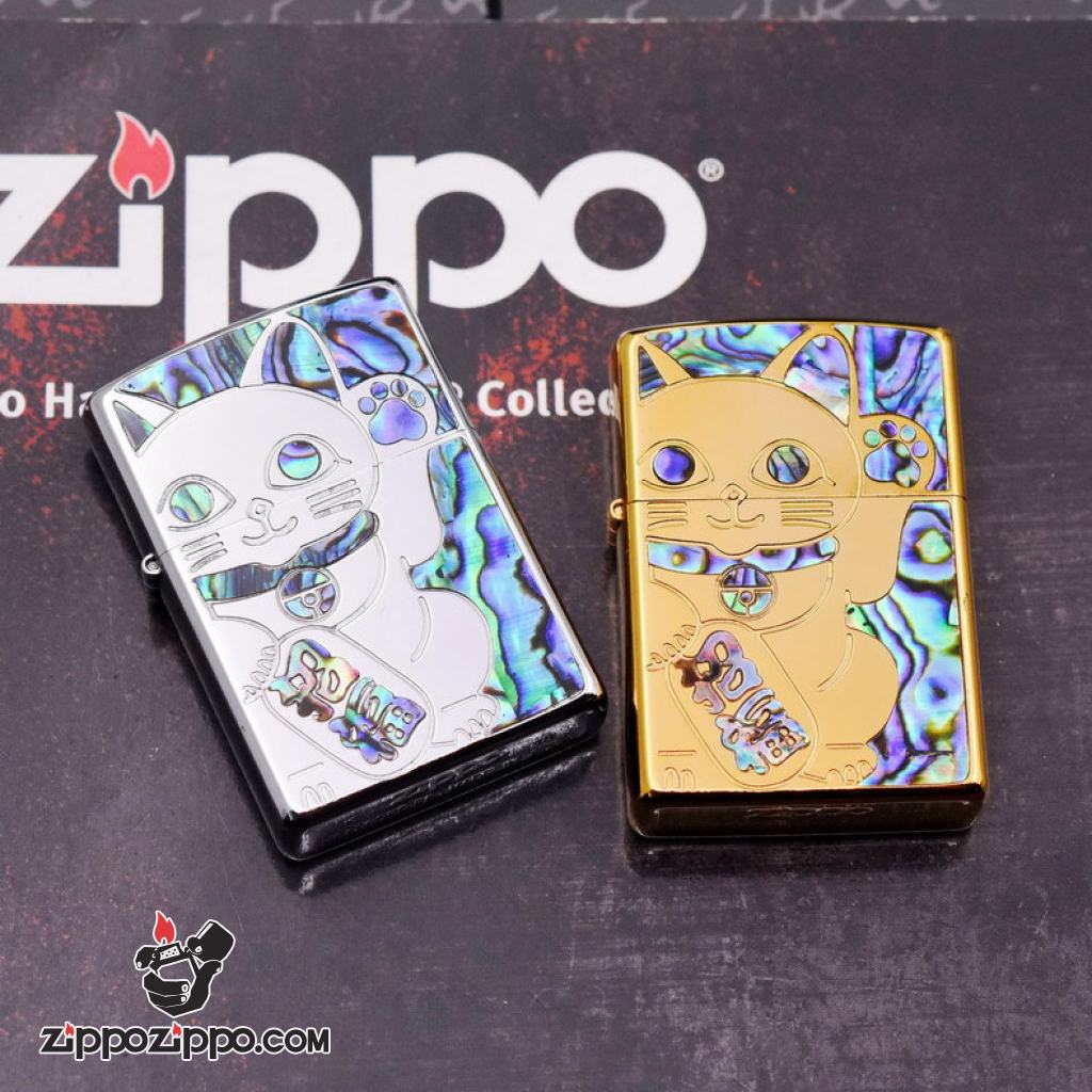 Bật Lửa Zippo Khắc Hình Chú Mèo Thần Tài May Mắn Khảm Trai vàng