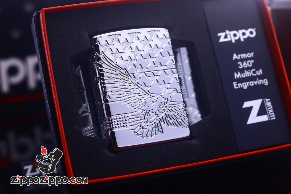 Zippo Armor khắc cao cấp 360 độ hình ảnh lá cờ Mỹ và đại bàng