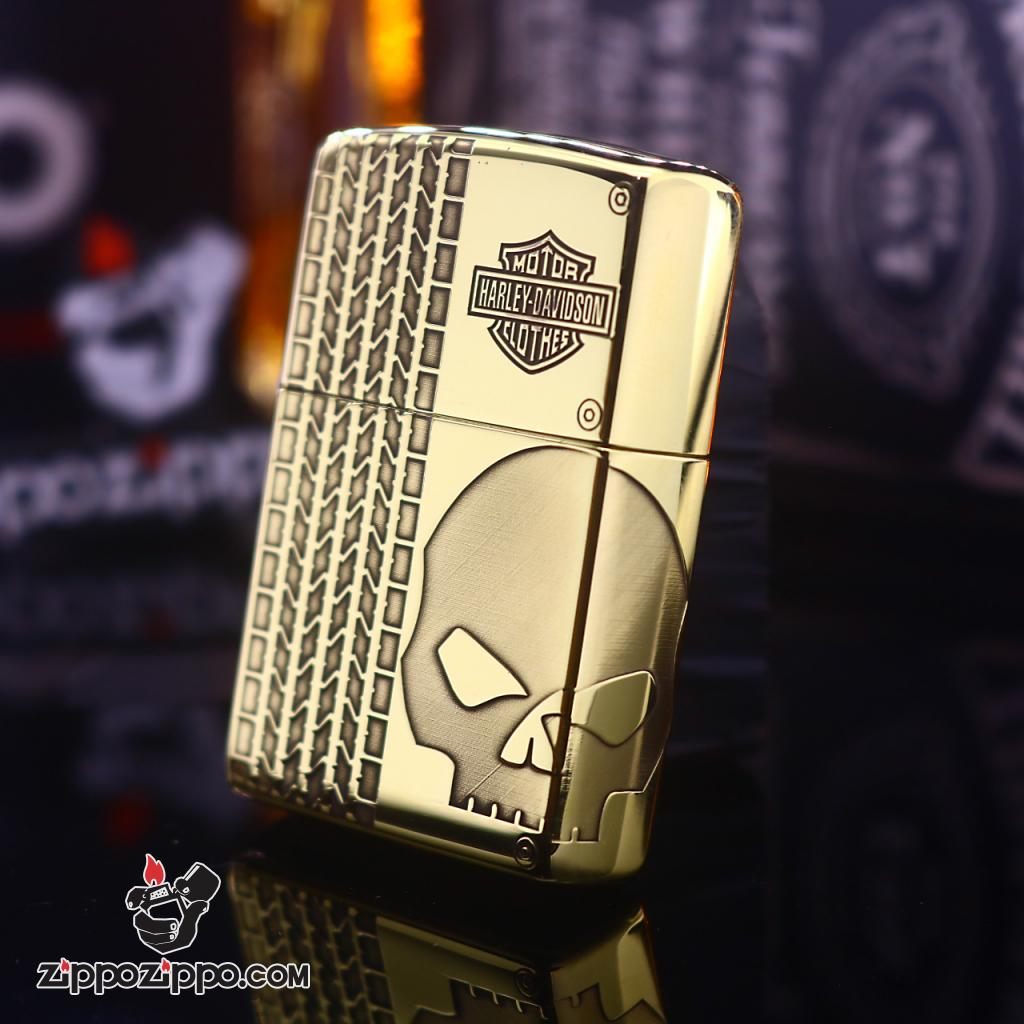 Bật lửa Zippo đồng khối khắc skull moto Harley Davidson Bản Amor