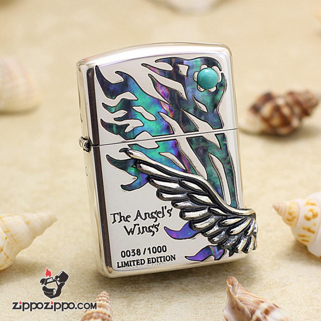 Bật lửa Zippo chính hãng phiên bản giới hạn Hàn Quốc cánh thiên thần Khảm Trai Màu Bạc