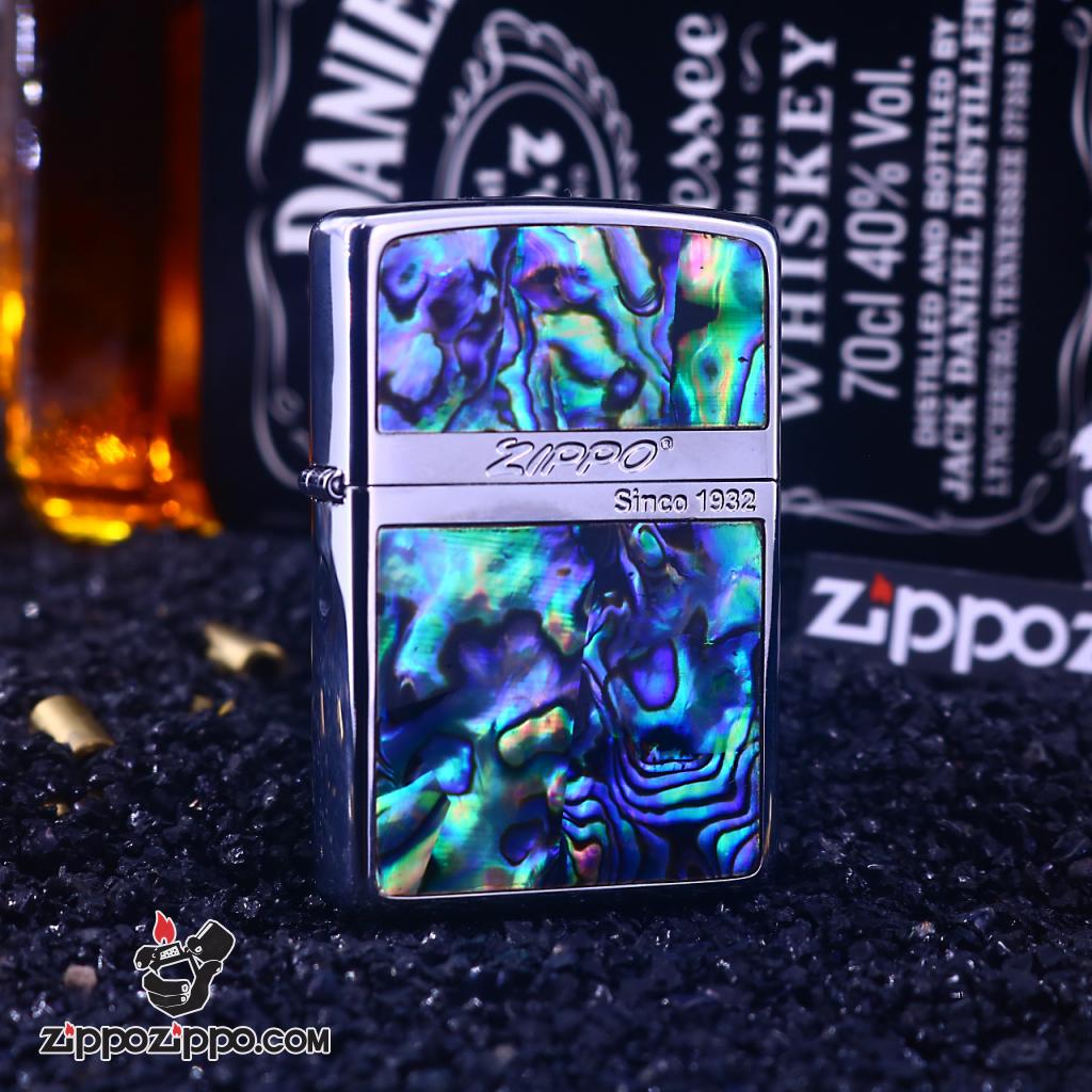 Bật Lửa Chính Hãng khảm Trai Cổ Điển Kiểu Dáng Dầu Hoả Loang Trên Mặc Zippo