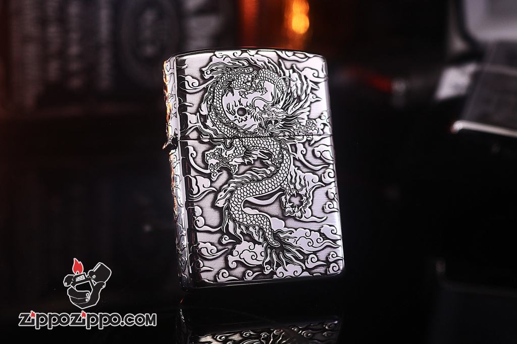 Zippo Bạc Nguyên Khối Cao Cấp Khắc Hình Rồng May Mắn Ôm Ngọc Phiên Bản Giới Hạn