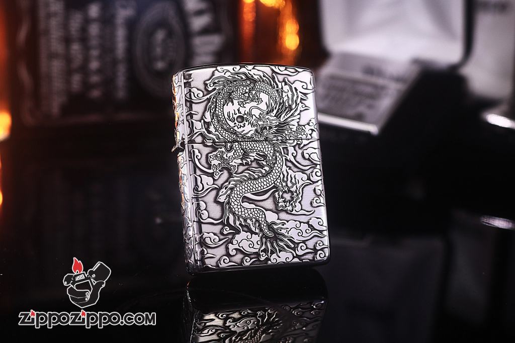 Zippo Bạc Nguyên Khối Cao Cấp Khắc Hình Rồng May Mắn Ôm Ngọc Phiên Bản Giới Hạn