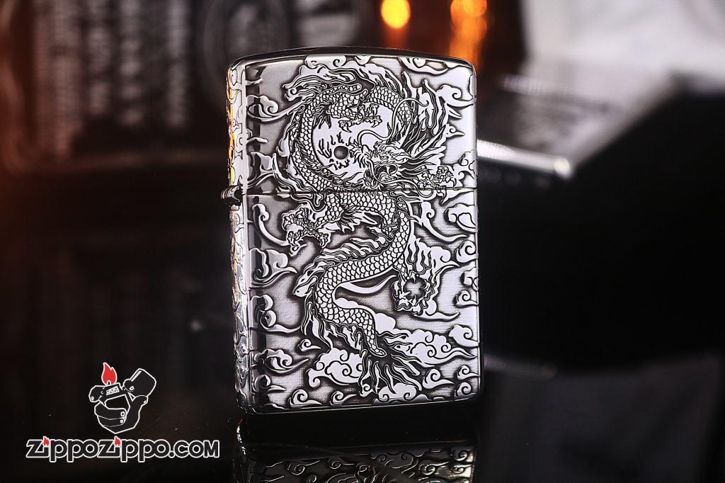 Zippo Bạc Nguyên Khối Cao Cấp Khắc Hình Rồng May Mắn Ôm Ngọc Phiên Bản Giới Hạn